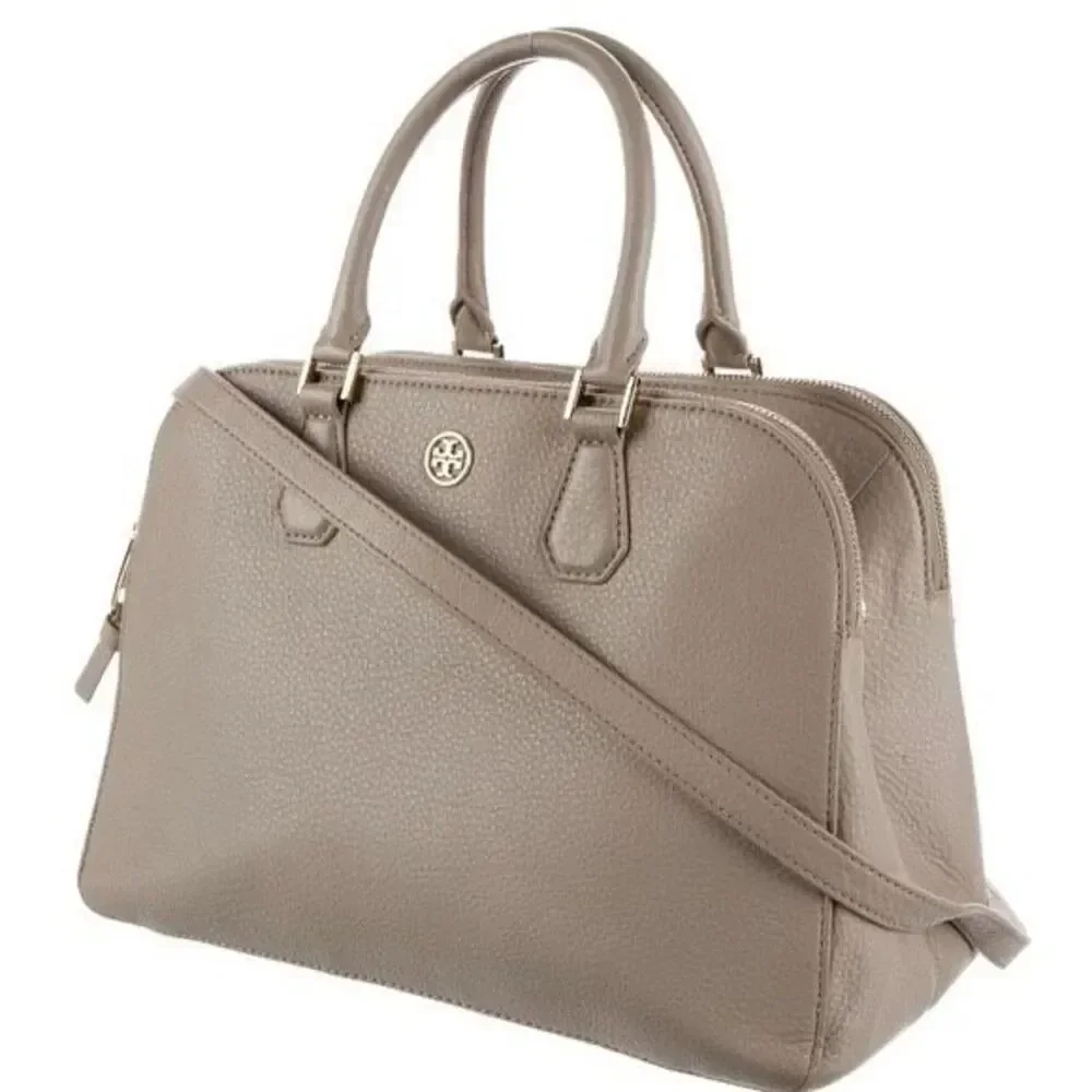 ✨Tory Burch Women's Natural Robinson Pebbled Triple-Zip Tan Satchel✨